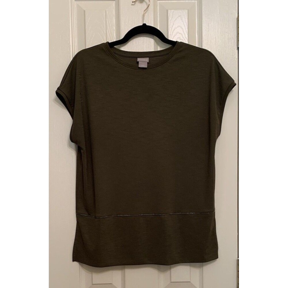 Chicos Size 1 Womens Medium Top Olive Green Cap Sleeve Shirt Blouse